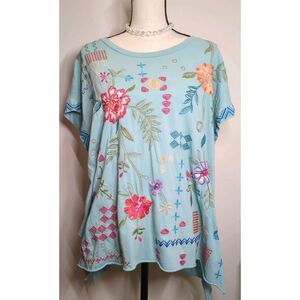 Johnny Was Katie Relaxed Drape Tee Shirt Marine Blue Top Floral Embroidery XL